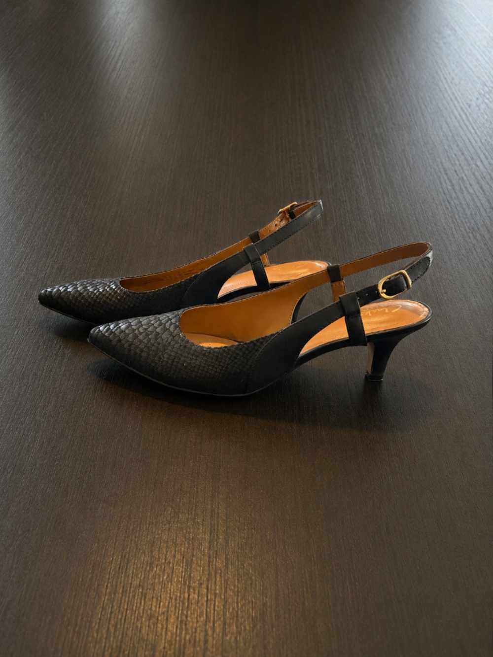 Clarks, Kitten Heel ,Snake Skin patterned, sling back Size 9.5m